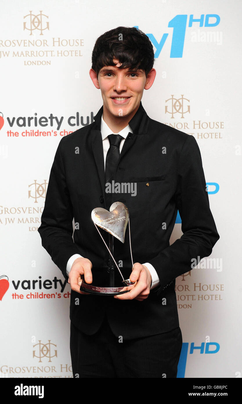 Colin Morgan wins the Caron Keating Outstanding Newcomer Award at the Variety Club Showbiz Awards 2008, at the Grosvenor House Hotel in London. Stock Photo