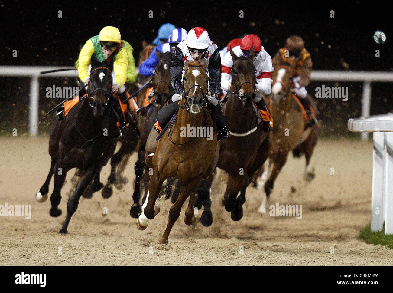 Lyceana jockey Neil Callan wins the Thorpe-Le-Soken Maiden Stakes at Great Leighs Racecourse, Chelmsford. Stock Photo