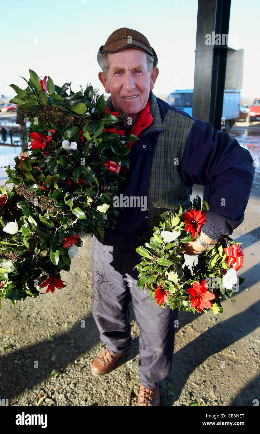 Trevor Price, of Builth Wells, with some of the holly wreaths he has bought from the annual Tenbury Wells auction. Stock Photo