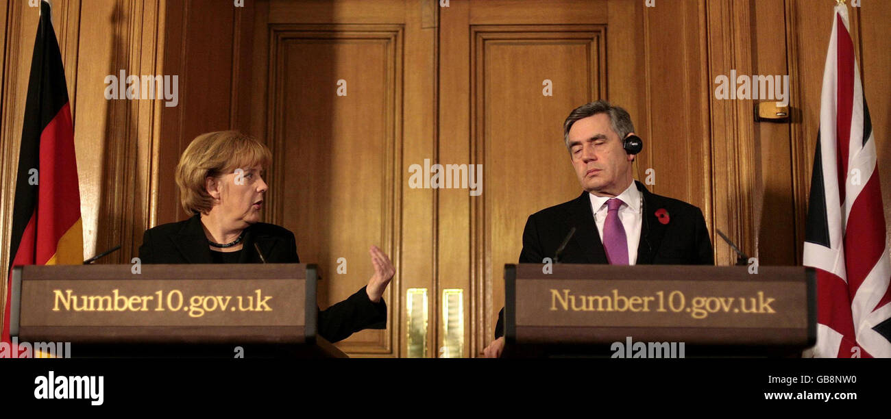 German Chancellor Angela Merkel (left) speaks at a press conference with Prime Minister Gordon Brown at 10 Downing Street, London. Stock Photo