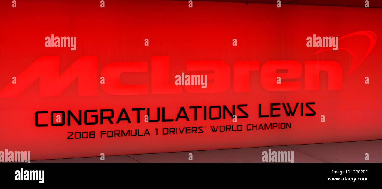 A sign congratulating their driver Lewis Hamilton after winning the ...