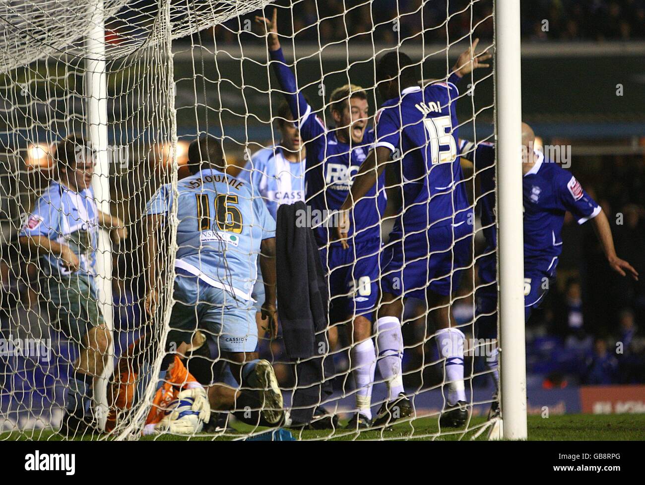 Soccer - Coca-Cola Football League Championship - Birmingham City v Coventry City - St. Andrews' Stadium. Birmingham City players appeal that the ball has crossed the line and that a goal should be awarded Stock Photo