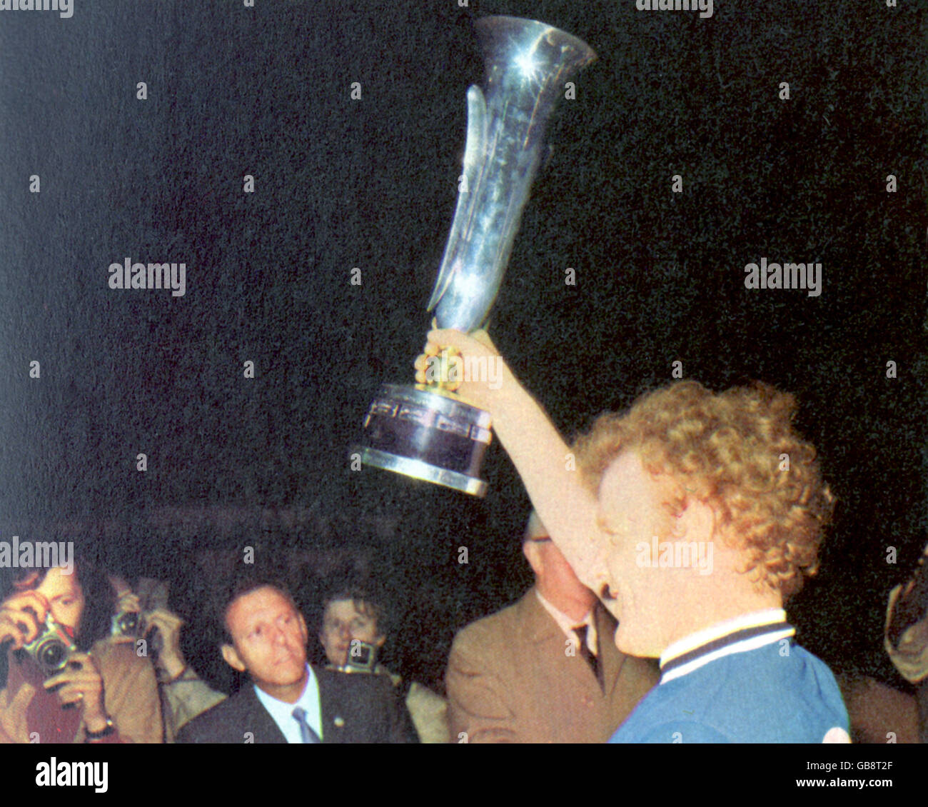 Leeds United captain Billy Bremner shows off the Fairs Cup following his team's 1-0 aggregate victory Stock Photo