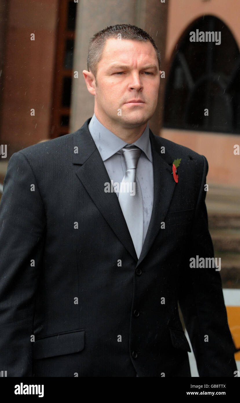 Police officer John James Dougal arrives at Newcastle Crown Court