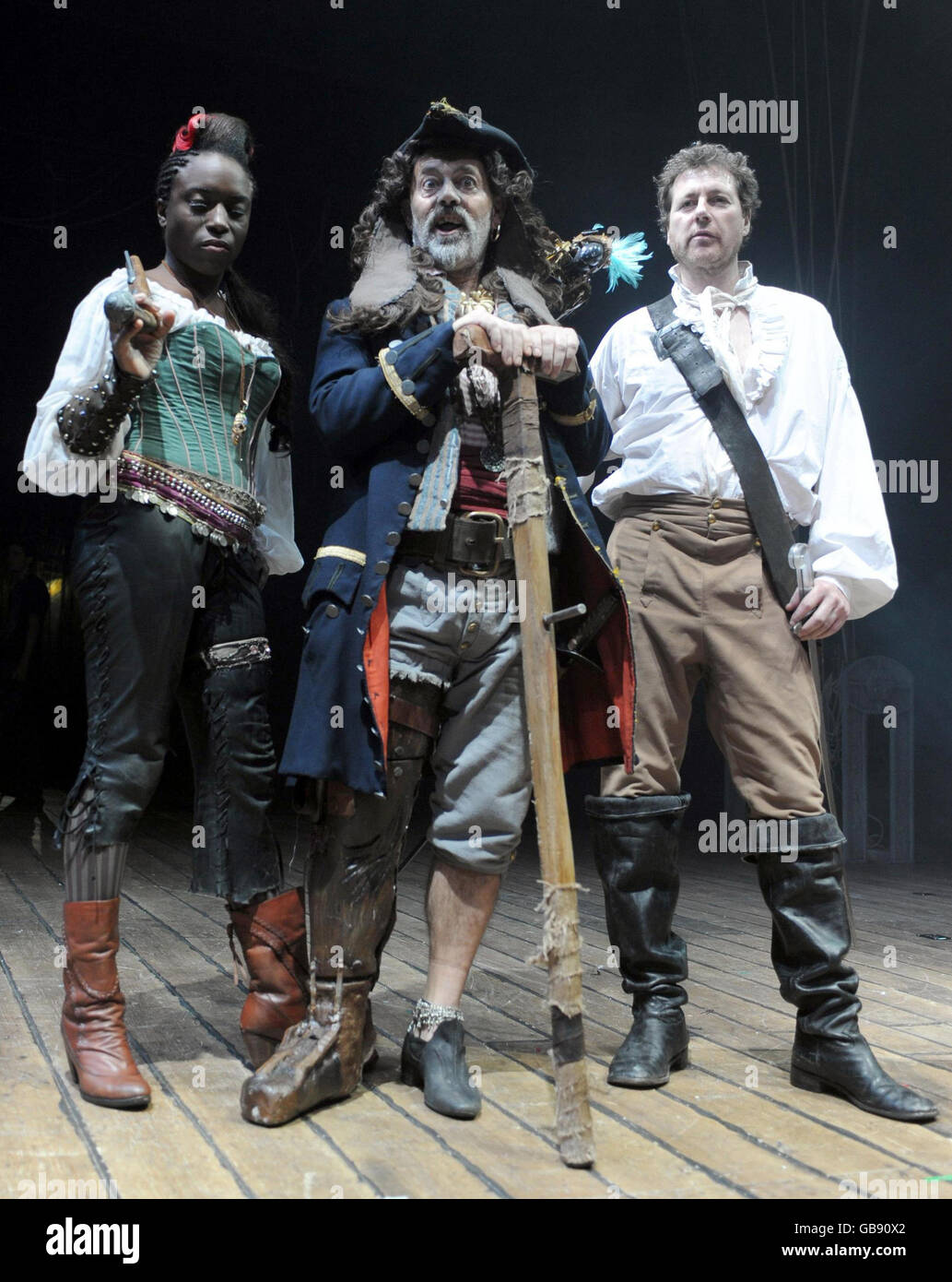 (from left to right) Estella Daniels as 'Calico Jack', Keith Allen as 'Long John Silver' and
