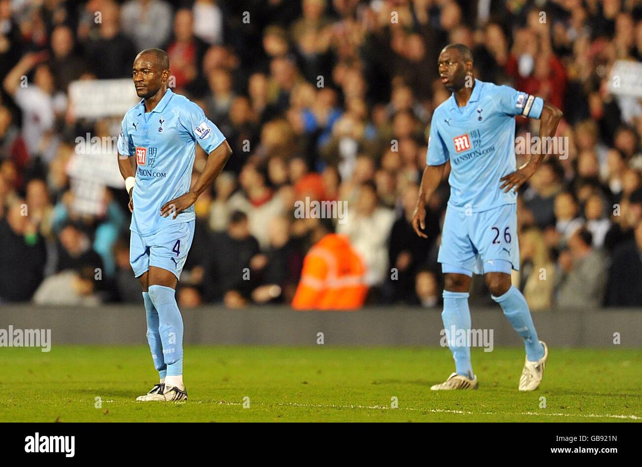 Tottenham Hotspur's Didier Zokora (left) and Ledley King look dejected after Fulham's Andrew Johnson (not pictured) scores the second goal of the game. Stock Photo