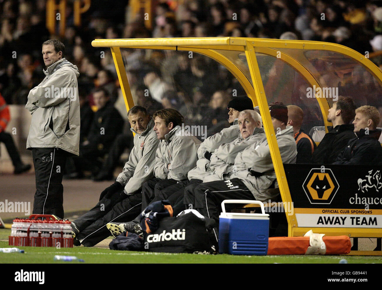 Blackpool manager Simon Gray stands dejected during the Coca-Cola Football Championship match at the Molineux, Wolverhampton. Stock Photo
