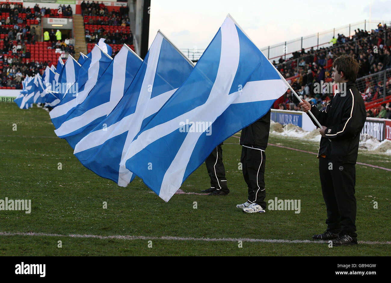 Scotland flags before the Bank of Scotland Corporate Autumn Test match at Pittodrie Stadium, Aberdeen. Stock Photo