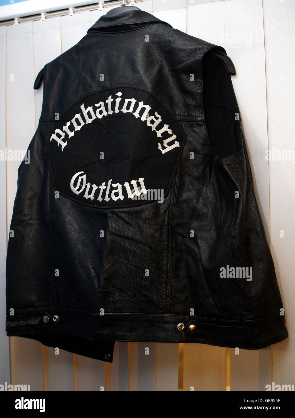 Previously unreleased photo of a leather jacket as worn by probationary members of the 'Outlaw' bikers shown by Warwickshire Police, which was among evidence collected during the prosecution of those accused of the murder of biker Gerry Tobin on the M40 motorway, on November 5. Stock Photo