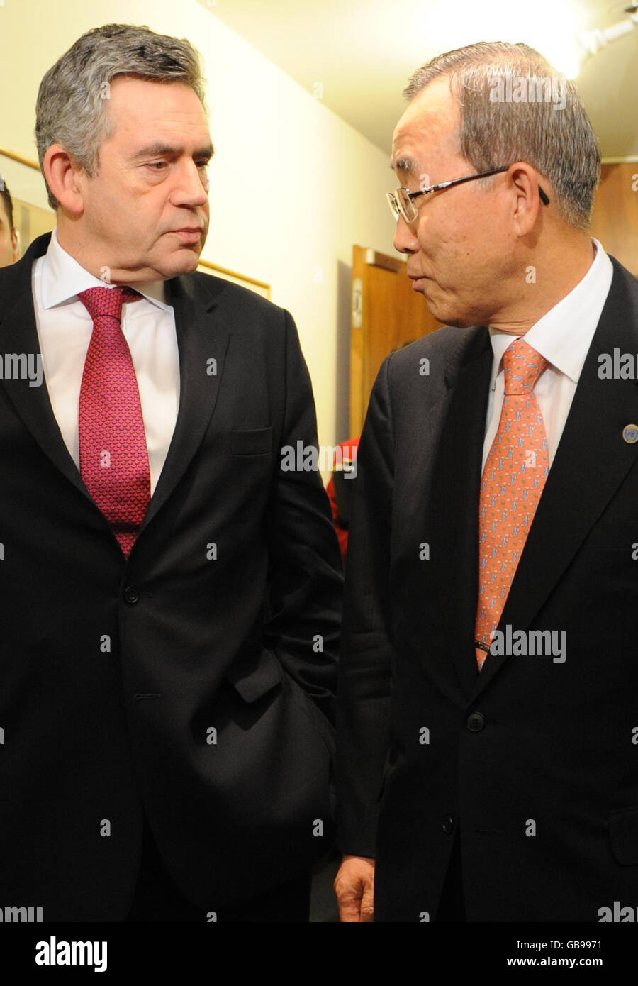 Britain's Prime Minister Gordon Brown with UN Secretary General Ban Ki-moon in New York, after addressing the General Assembly. Stock Photo