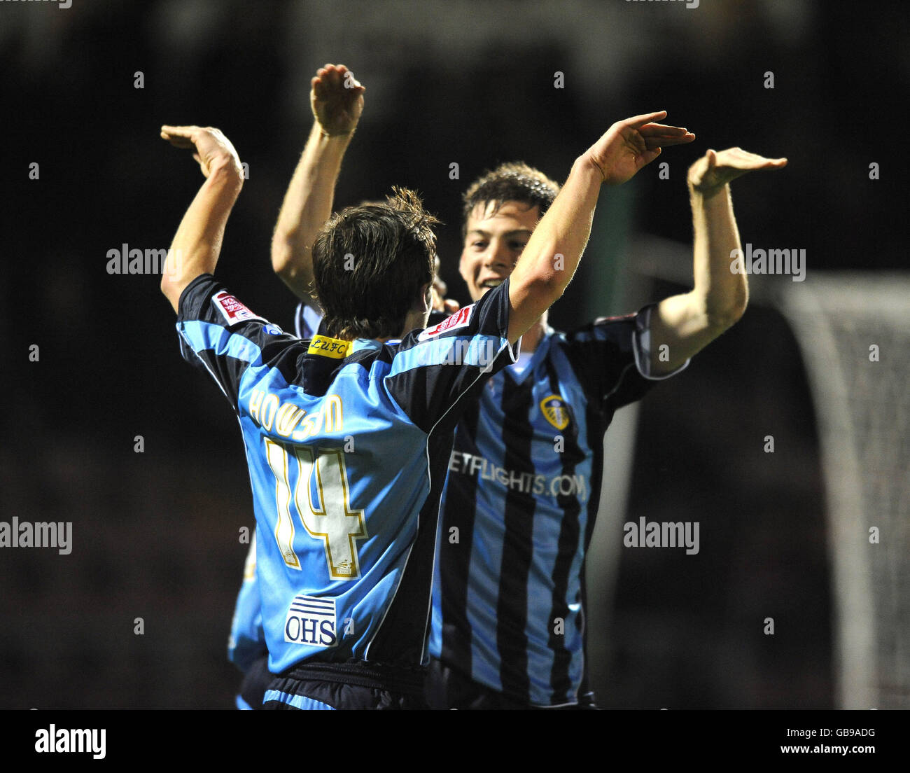 Leeds United's Ben Parker celebrates with Jonathan Howson after scoring their third goal against Northampton Town Stock Photo