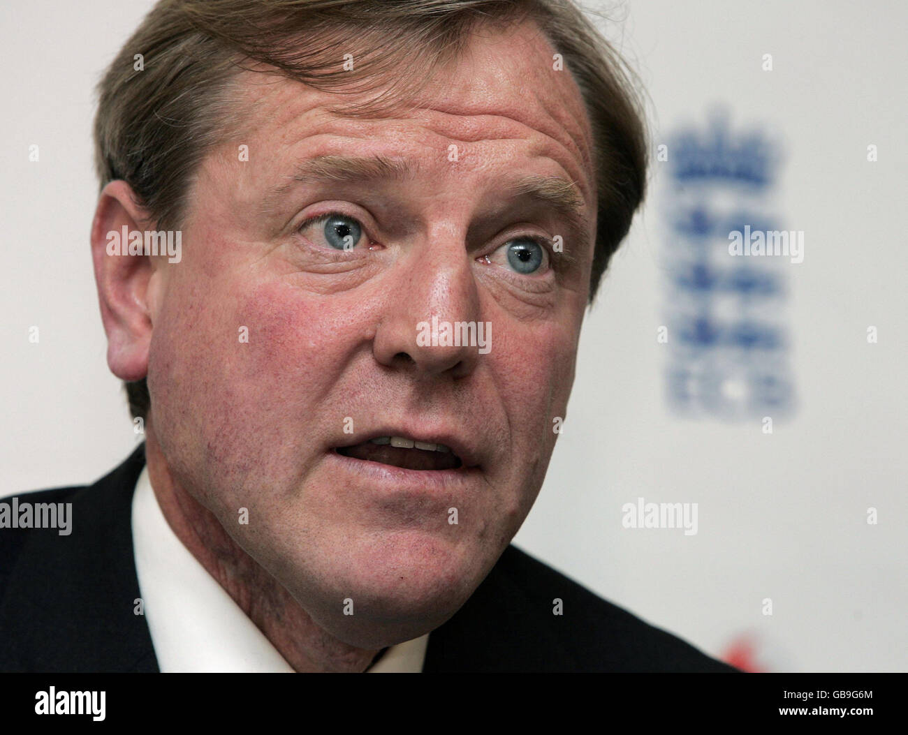 ECB managing director Hugh Morris speaks to the media during a press conference at the Hilton, Heathrow Airport, London. Stock Photo