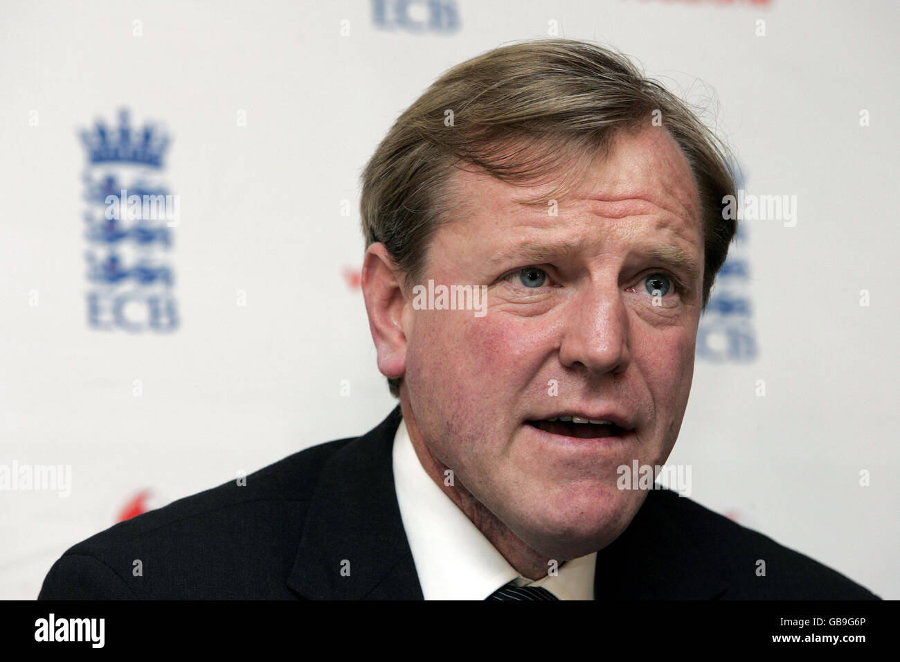 ECB managing director Hugh Morris speaks to the media during a press conference at the Hilton, Heathrow Airport, London. Stock Photo