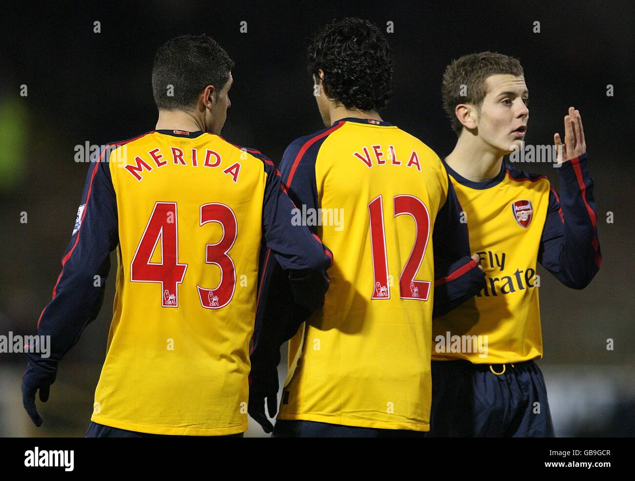 l-r; Arsenal's Fran Merida Perez, Carlos Vela and Jack Wilshere during the game Stock Photo