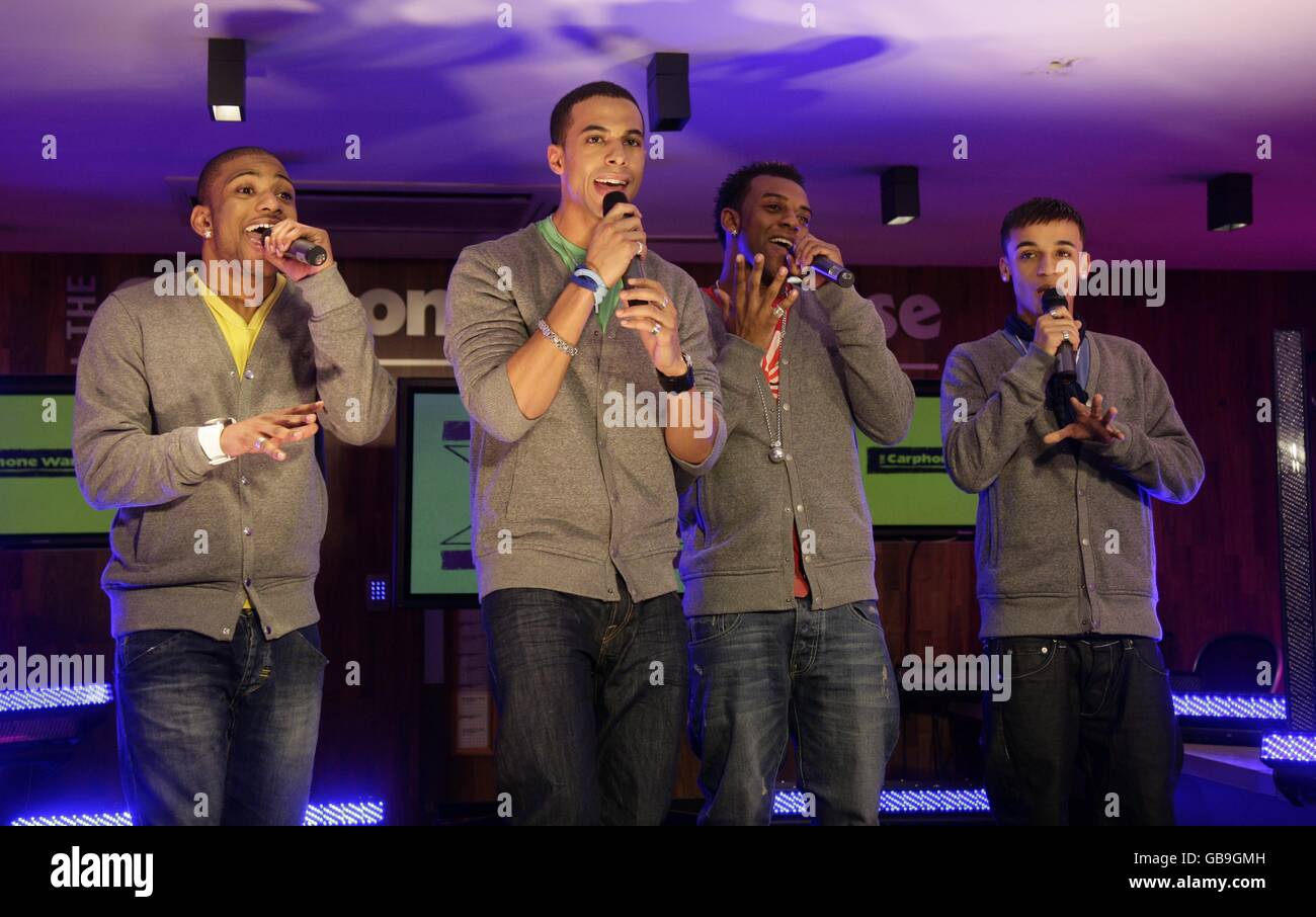 Boyband JLS at the Secret X Factor gig at The Carphone Warehouse, on Oxford Street in central London. Stock Photo