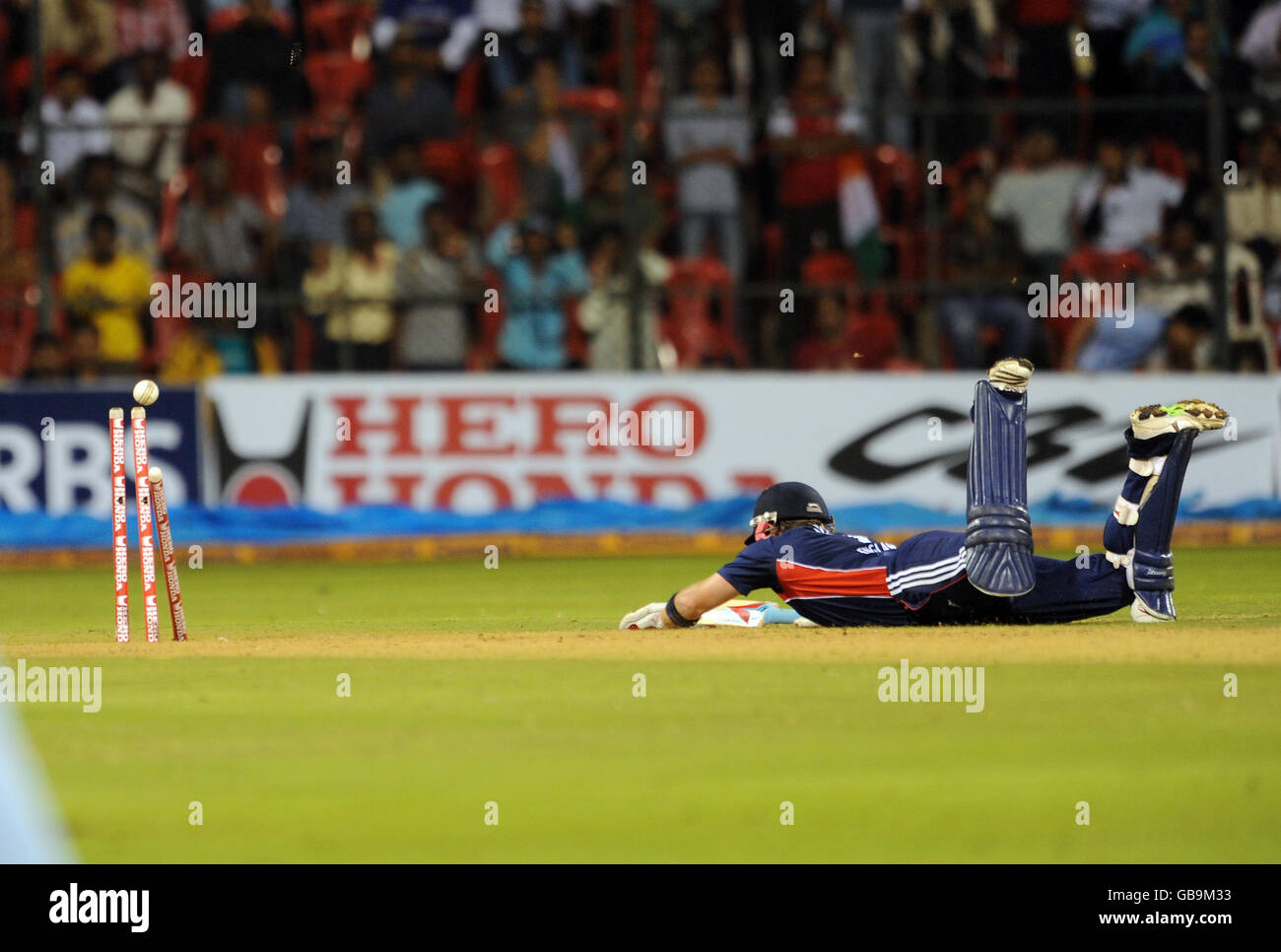 Ian Bell survives a second run out during the Fourth One Day International at M Chinnaswamy Stadium, Bangalore, India. Stock Photo