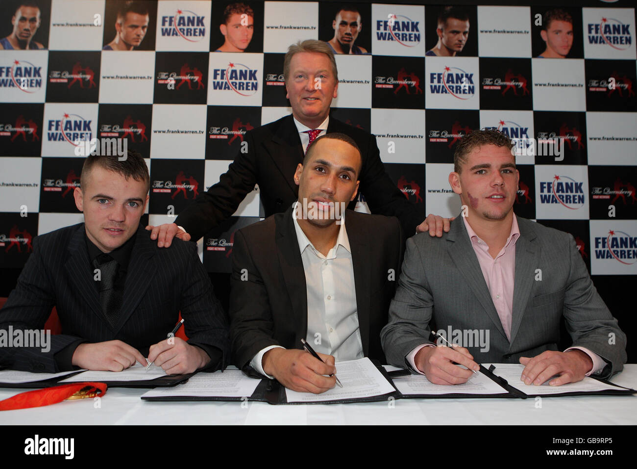 Boxing promoter Frank Warren (top) with James DeGale (centre), Frankie Gavin (left) and Billy Joe Saunders during a press conference at Frederick's, Islington, London. Stock Photo