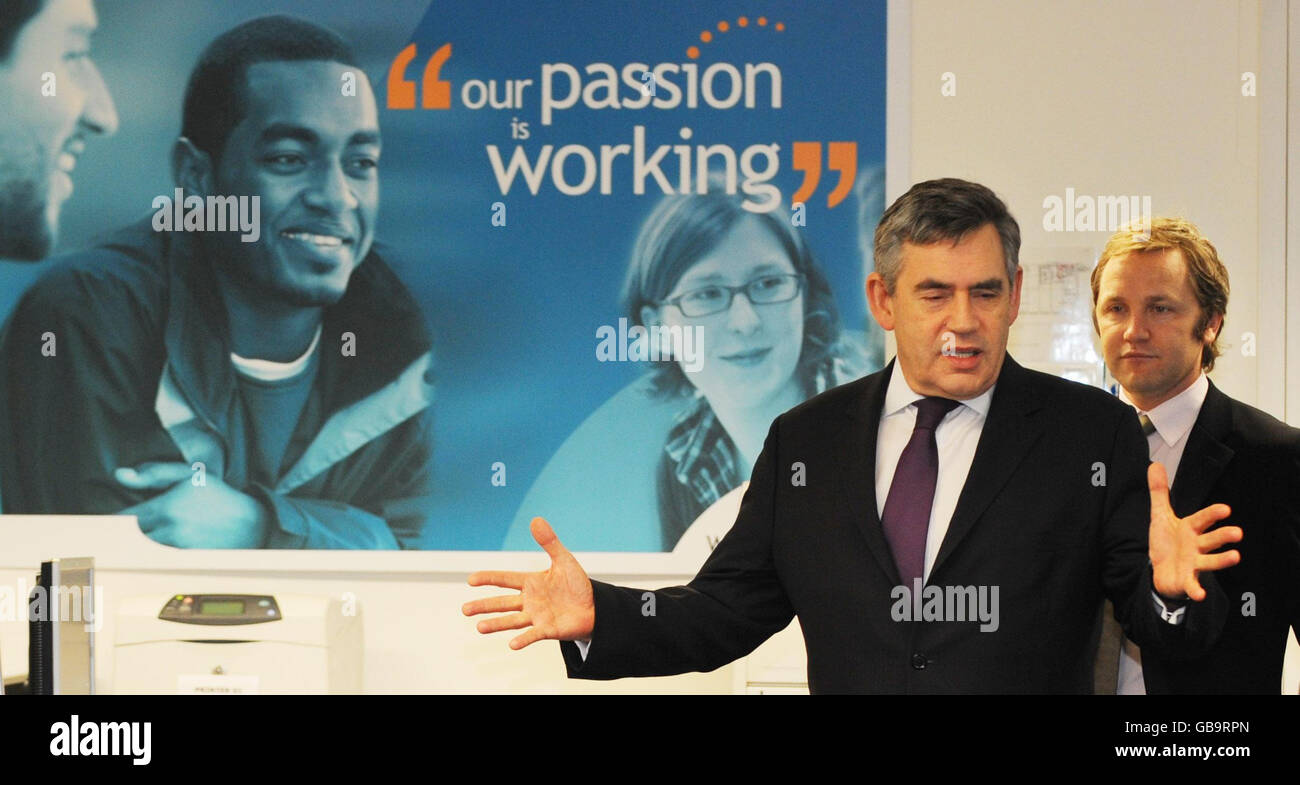 Britain's Prime Minister Gordon Brown (left) and Work and Pensions Secretary James Purnell during a visit to Work Directions in London's King's Cross, which is a private sector organisation providing employment support and advice to those on incapacity benefit or income support. Stock Photo