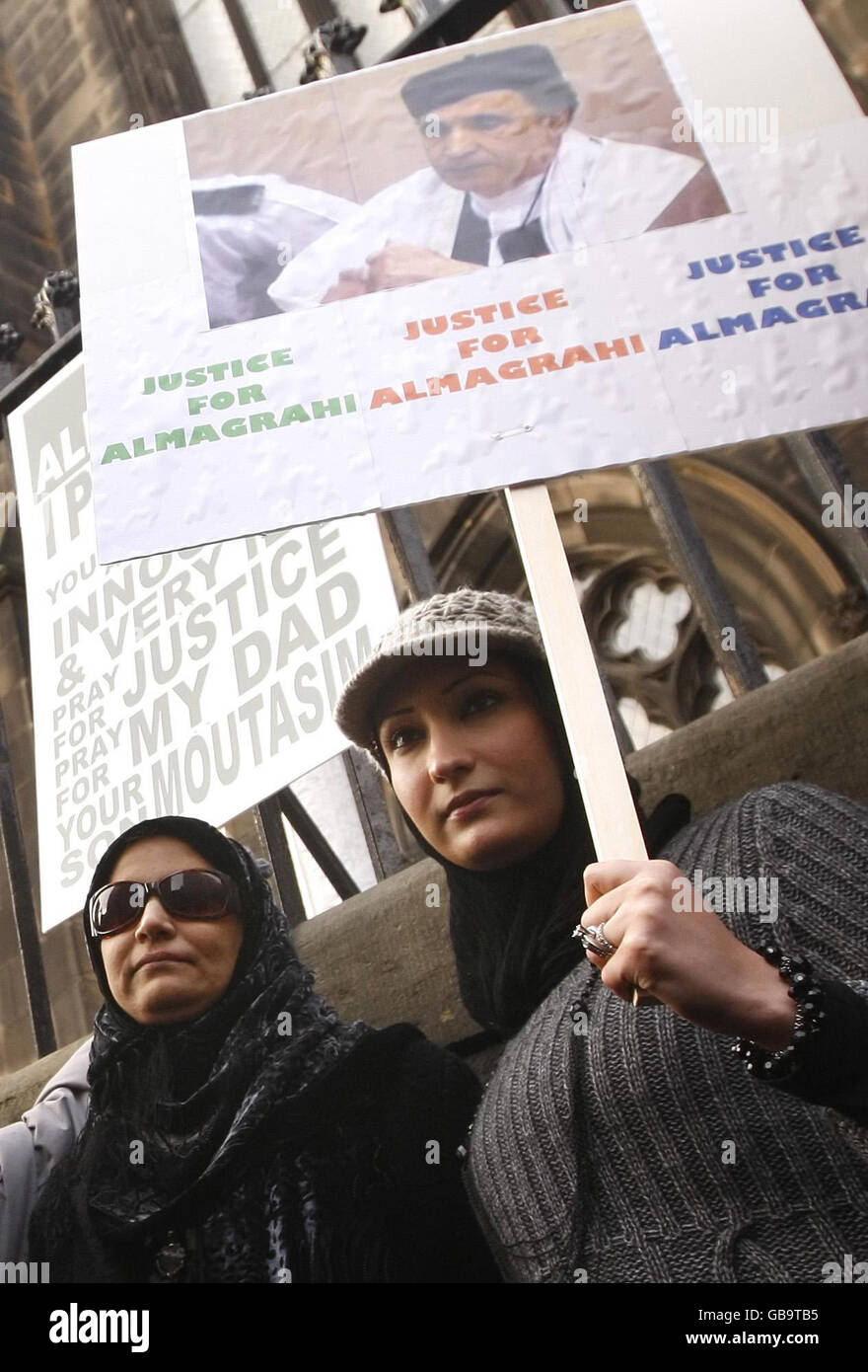 Aisha Al Megrahi, wife of the Lockerbie bomber Adbeldbaset Ali Mohmed Al Megrahi and his daughter Gahada at a march to highlight alleged miscarriages of justice outside the Scottish Parliament in Edinburgh. Stock Photo