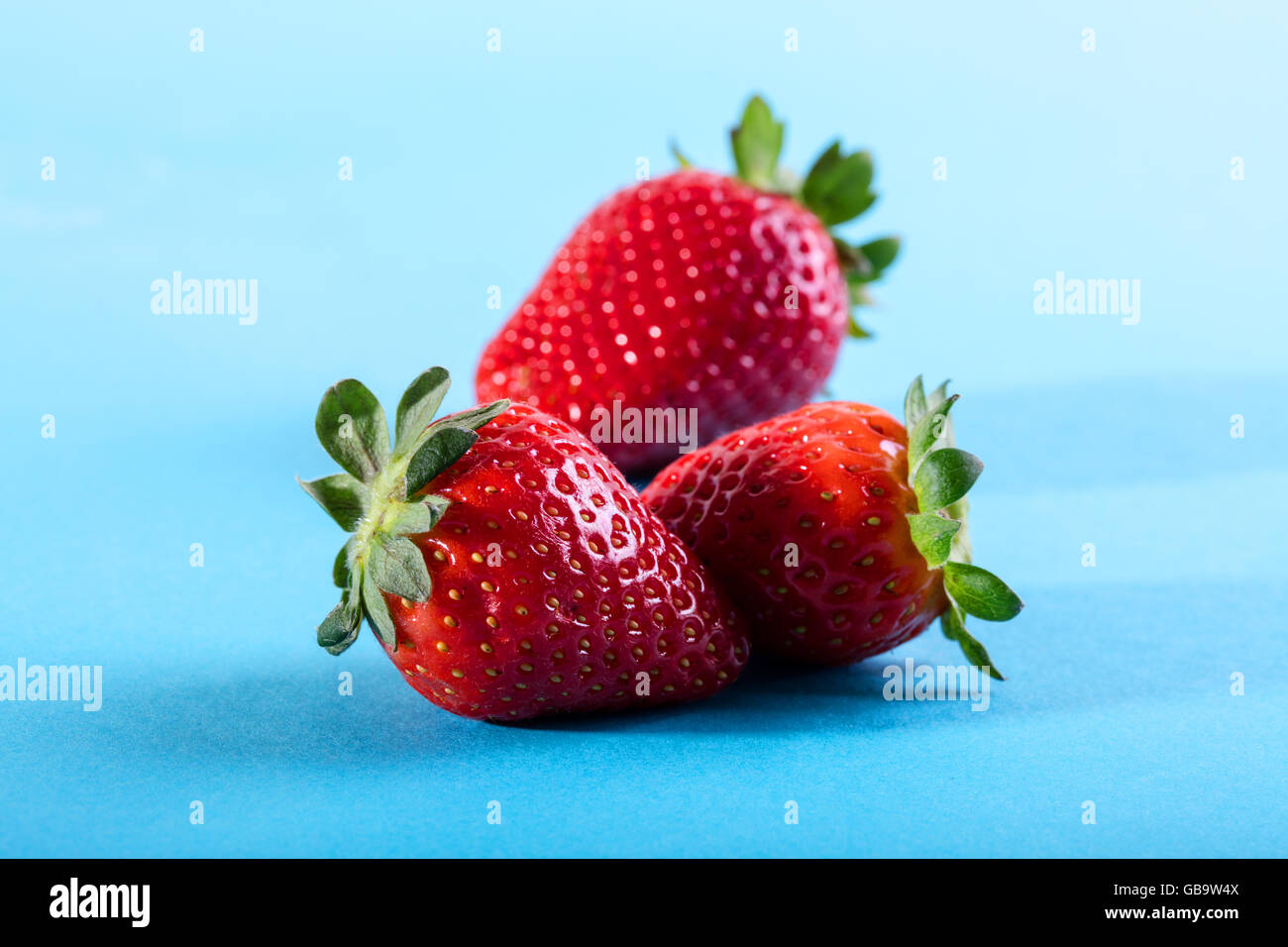Three juicy strawberry on blue background Stock Photo - Alamy