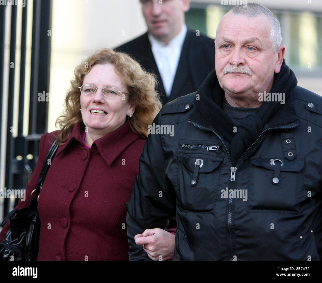 Phyllis and Geoffrey Montgomery niece of spinster Lilly Smyth, outside Belfast Crown Court after hearing the sentencing William James Stevenson for the muder of Ms Smyth. Stock Photo