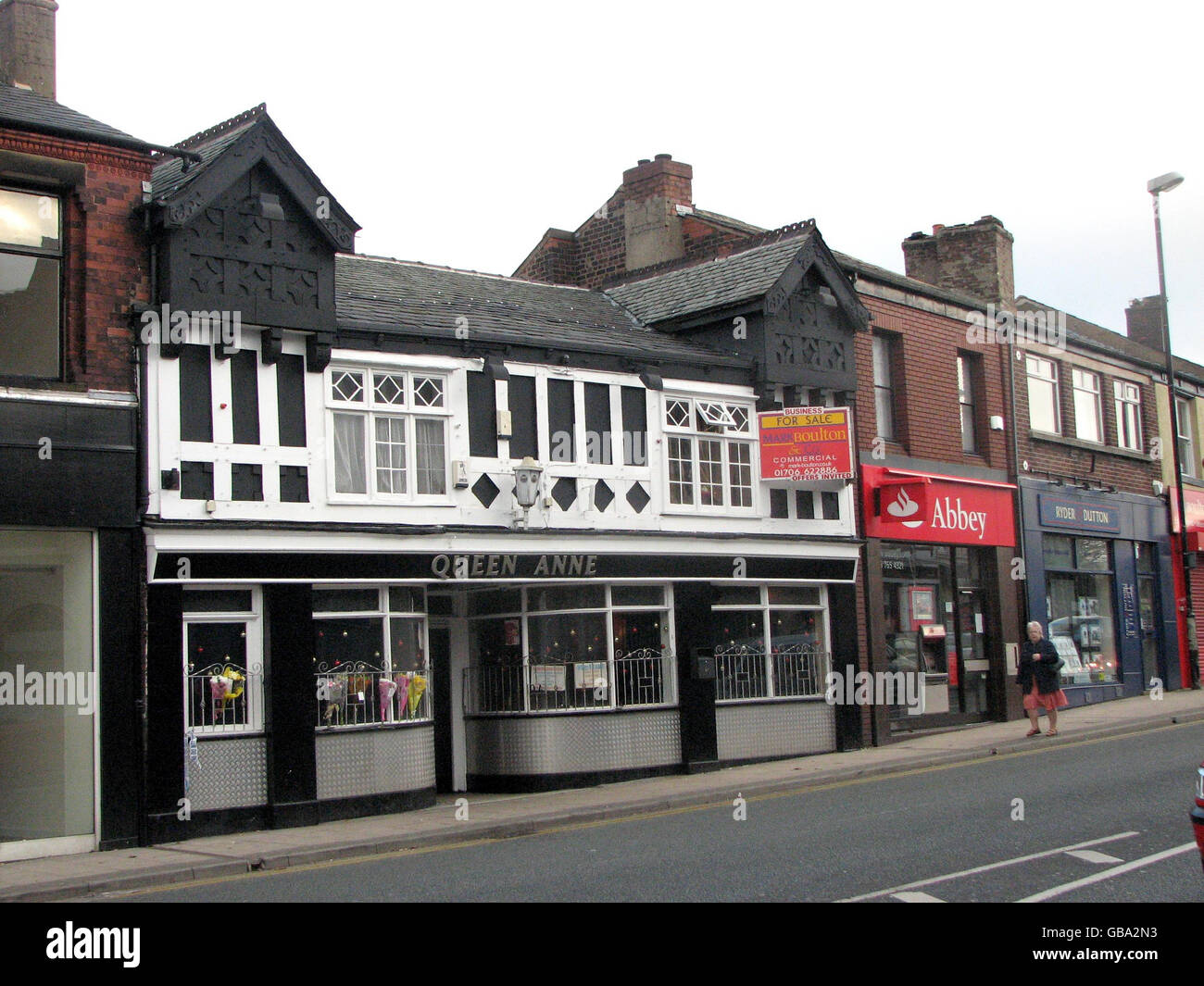 A general view of the Queen Anne Hotel on Market Street in Heywood, Greater Manchester, following the death of Emma O'Kane, 27, who was hit in the neck by a shard of glass. Stock Photo