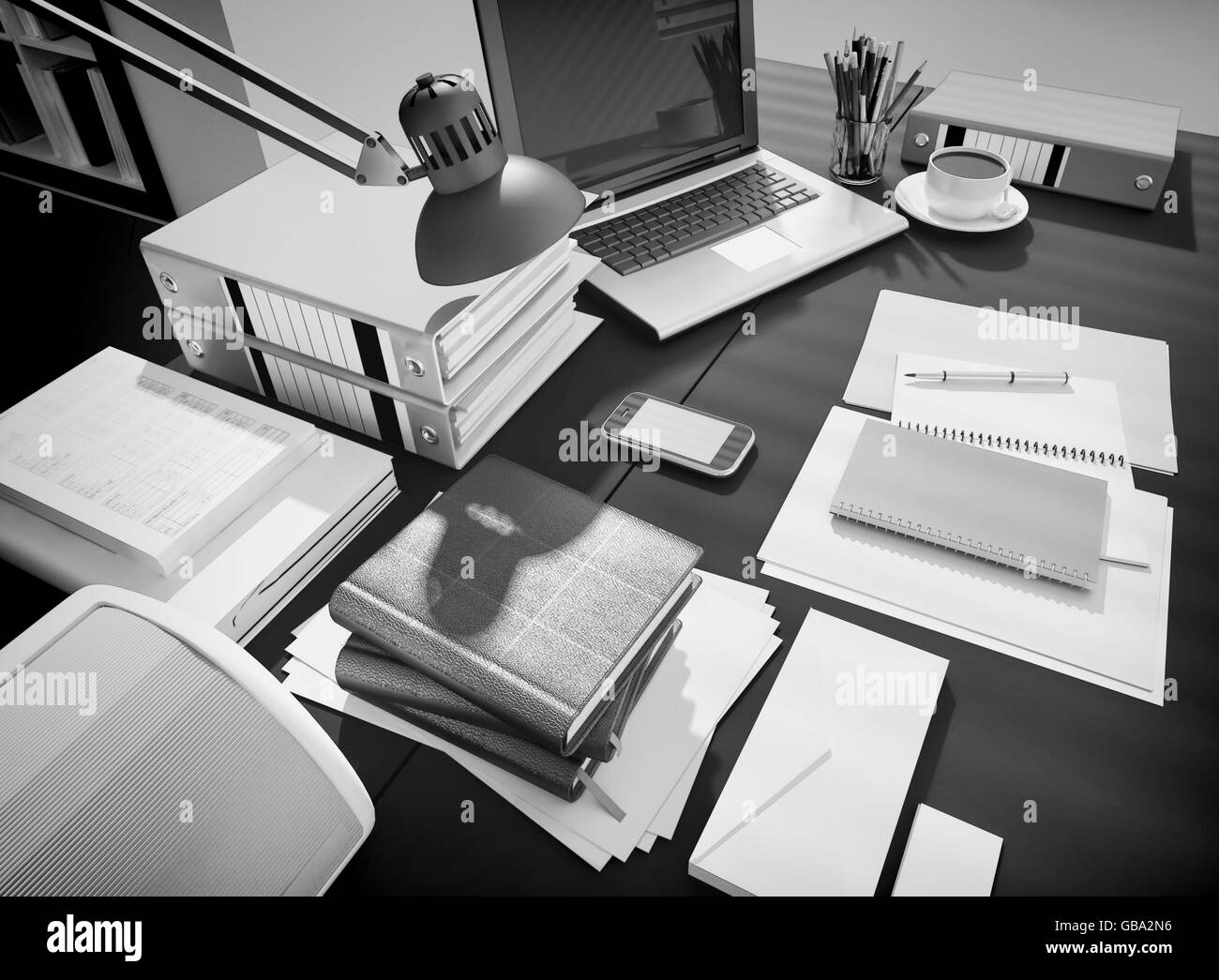 Wooden table with office supplies and coffee Stock Photo Alamy