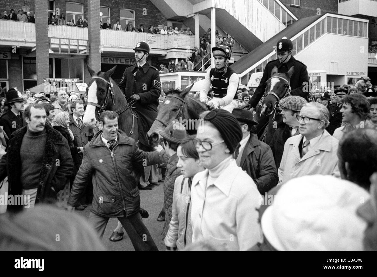 Horse Racing - The Sun Grand National - Aintree. Lucius, Bob Davies up, is led in after winning the National Stock Photo