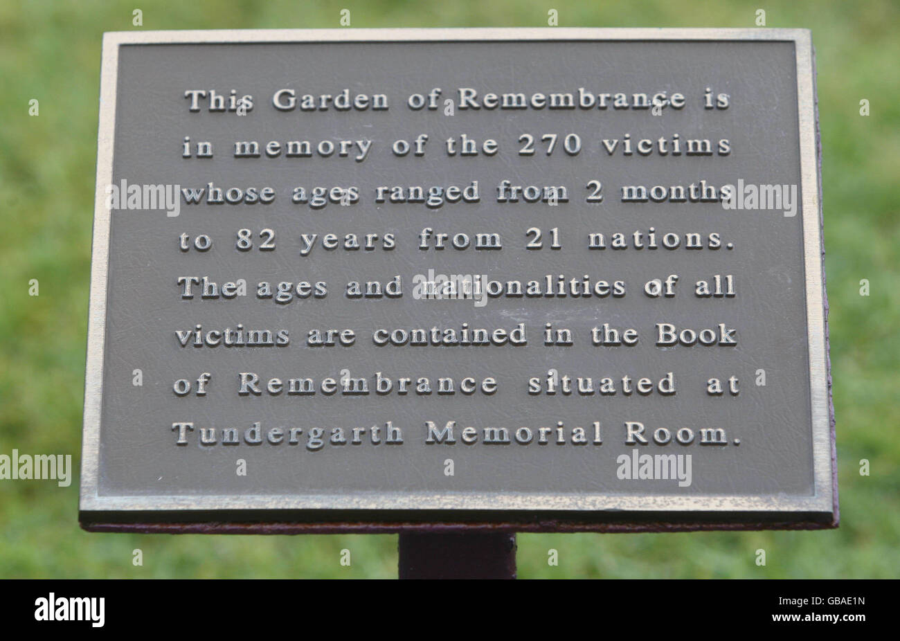 A plaque in the Garden of Remembrance in Lockerbie ahead of the 20th anniversary of the Lockerbie air tragedy tomorrow. Stock Photo
