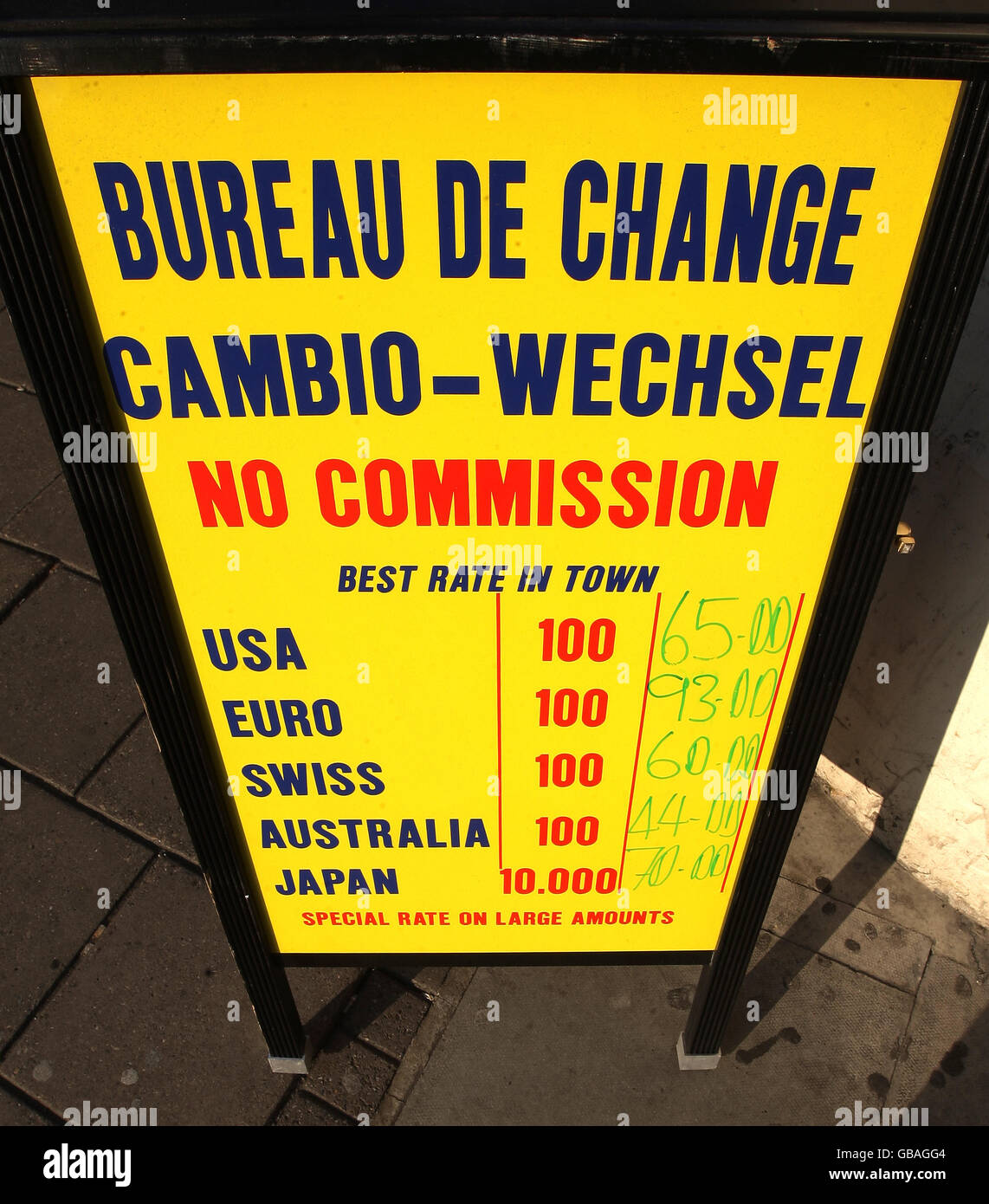 An exchange rate display in a Bureau De Change on Tottenham Court Road, London. Stock Photo