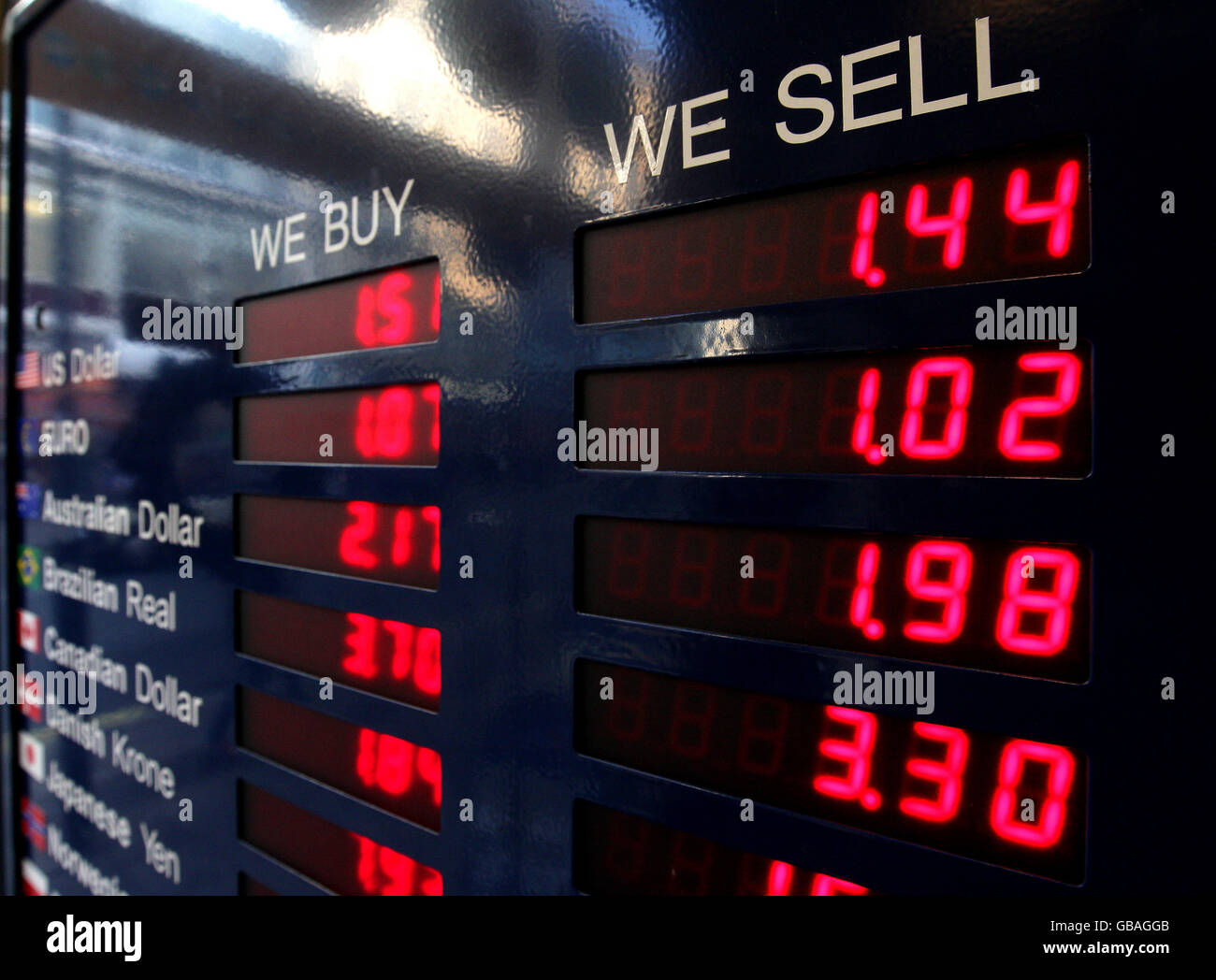 An exchange rate display in a Bureau De Change on Oxford Street, London. Stock Photo