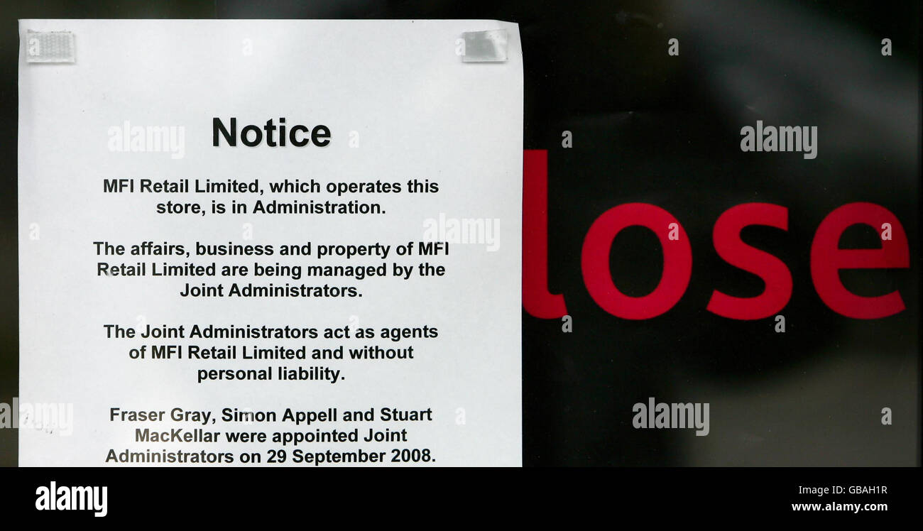 A notice on the window of the MFI Store in Ashford, Kent, as the company has called in administrators. Stock Photo