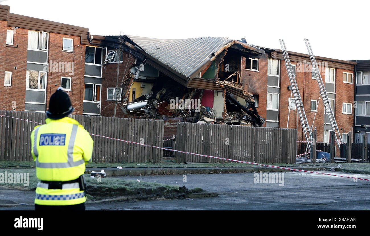 The remains of three flats in Worsley Mesnes, Wigan. Lancashire following a gas explosion last night. Stock Photo