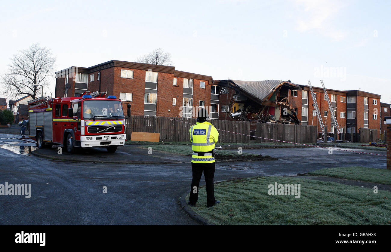 The remains of three flats in Worsley Mesnes, Wigan. Lancashire following a gas explosion last night. Stock Photo