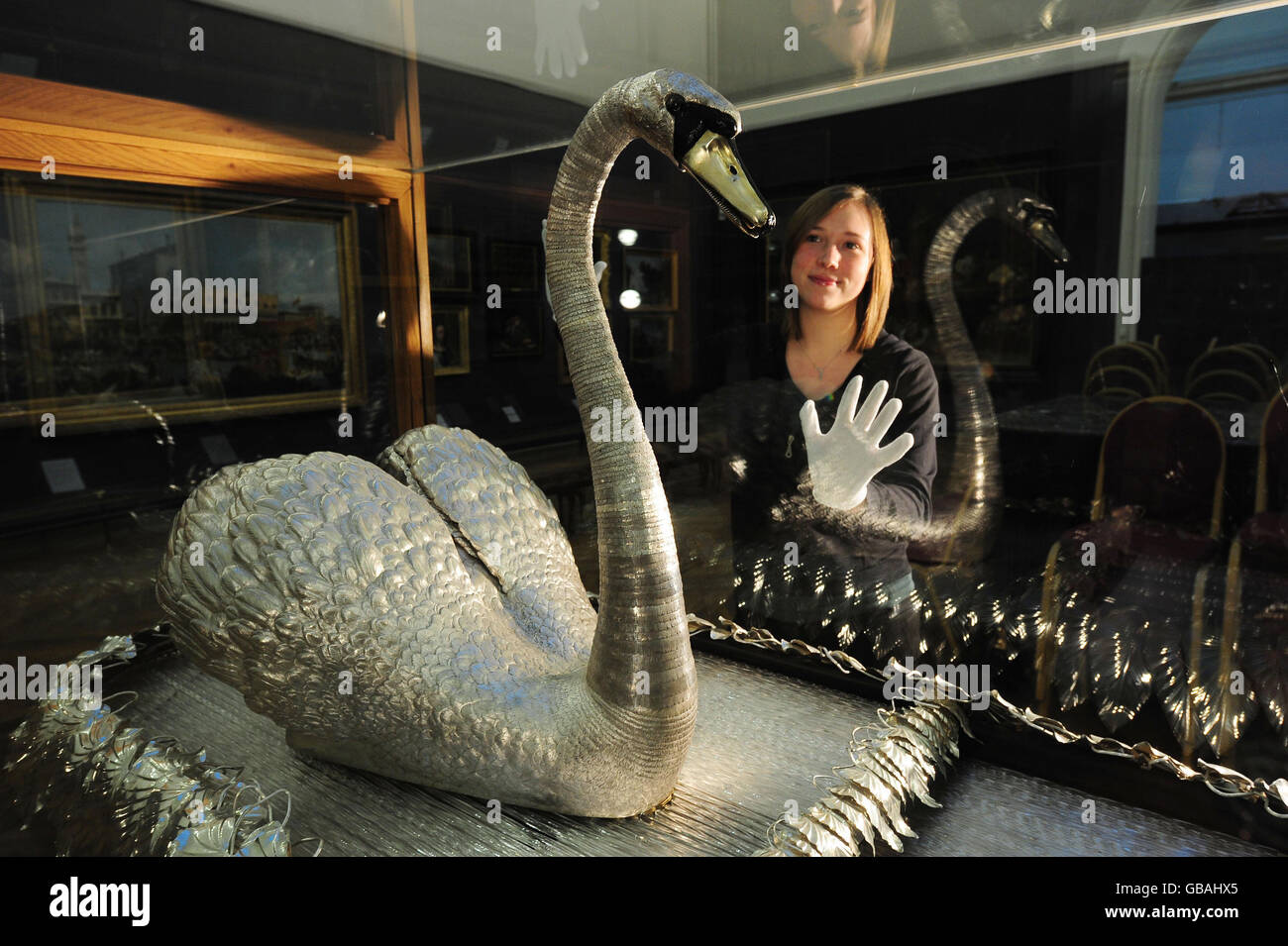 Museum worker Rachael Metcalfe looks at the priceless solid silver life size musical swan which goes back on display at the Bowes Museum, Barnard Castle, Co Durham after a three month clean and polish. Stock Photo