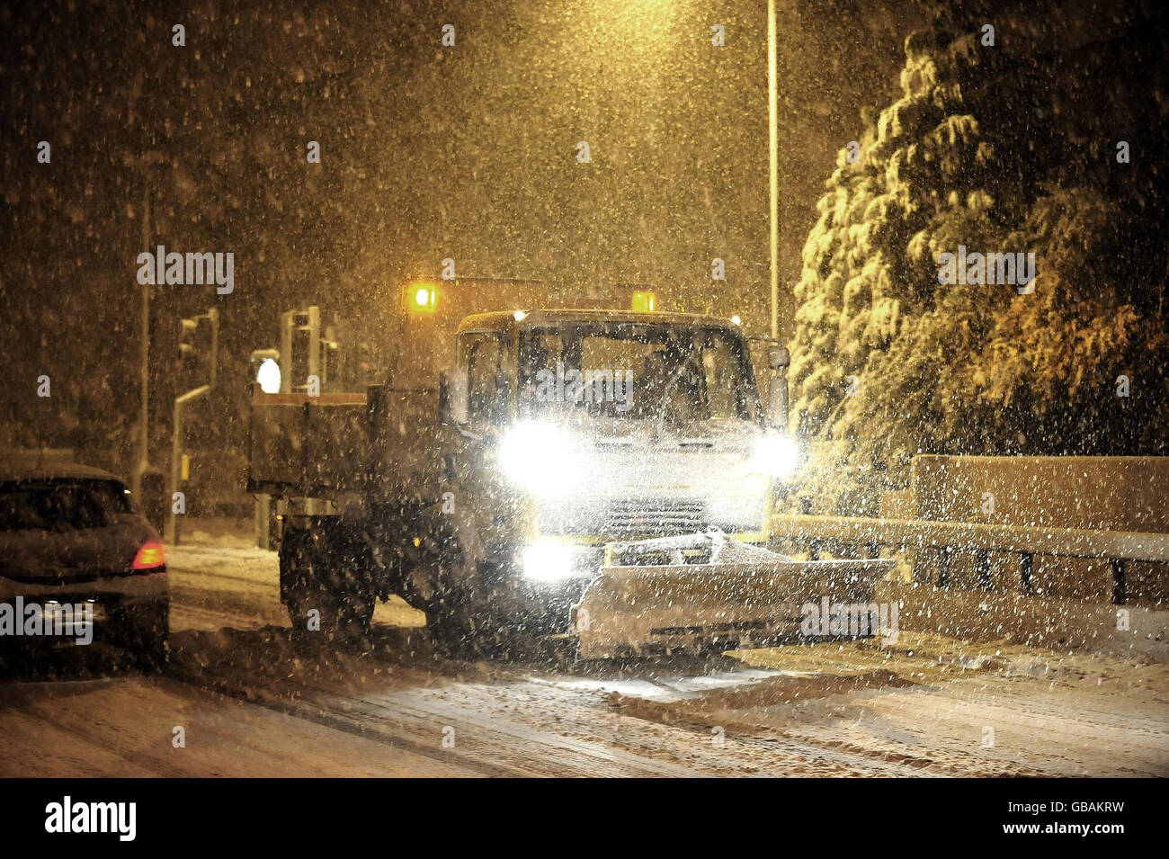 A snow plow clears some of the heavy snow in Harrogate. Stock Photo