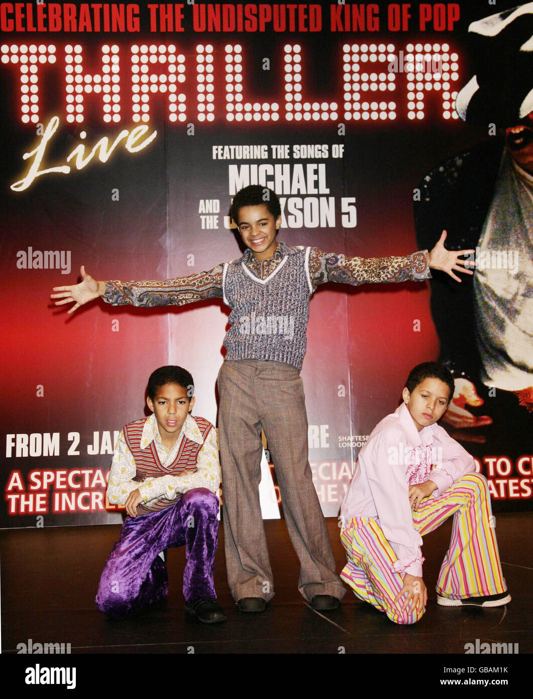 (From left to right) Kieran Alleyne, Layton Williams and Sterling Williams, the three 13 year old boys who have been chosen to play the young Michael Jackson in the musical 'Thriller Live', at the Lyric Theatre in Shaftesbury Avenue, central London. Stock Photo