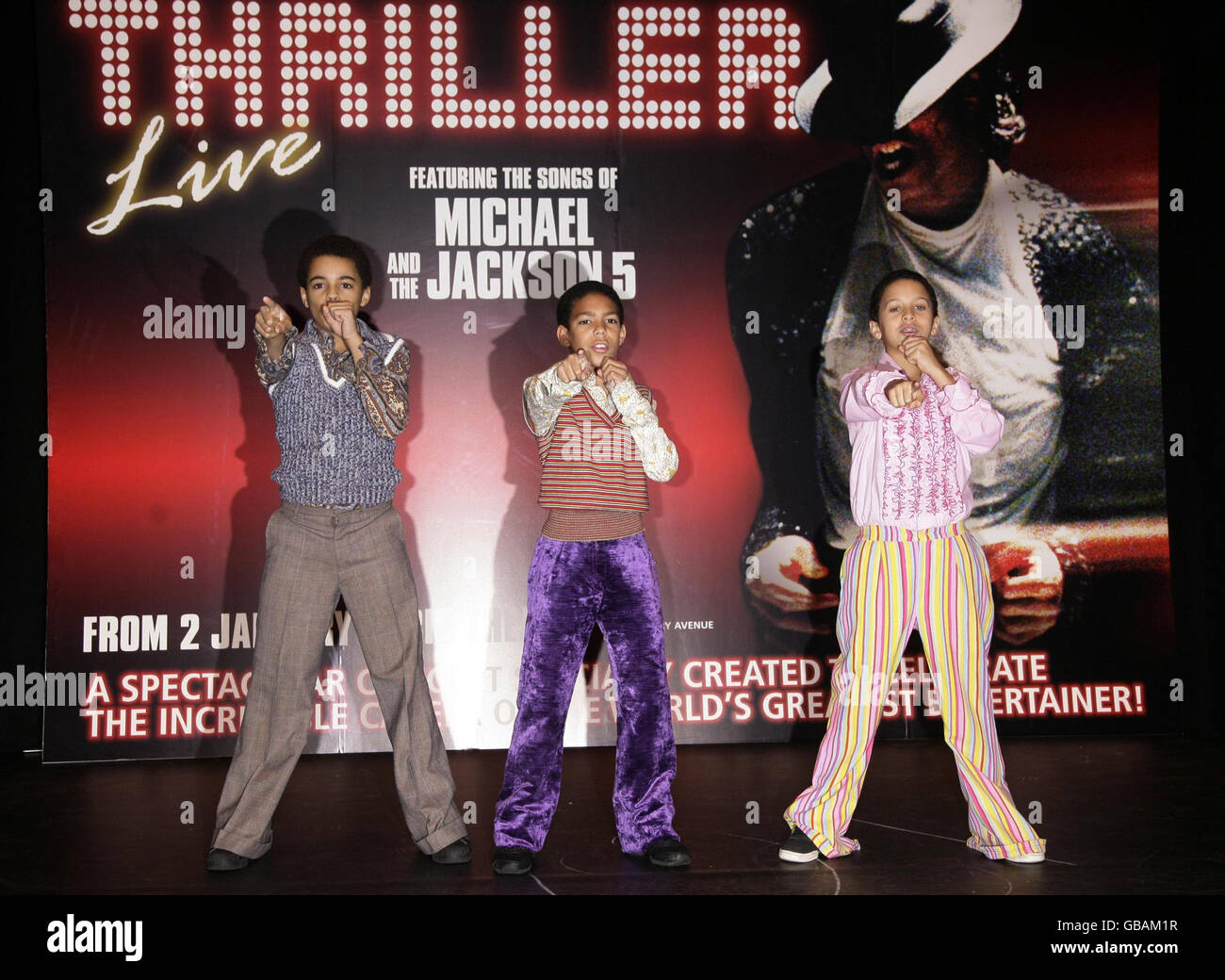 (From left to right) Layton Williams, Kieran Alleyne and Sterling Williams, the three 13 year old boys who have been chosen to play the young Michael Jackson in the musical 'Thriller Live', at the Lyric Theatre in Shaftesbury Avenue, central London. Stock Photo