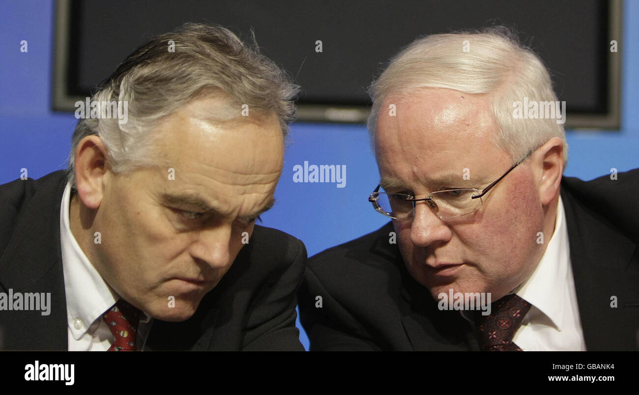 Secretary General of the Department of Agriculture Tom Moran (left) and Agriculture Minister Brendan Smith take questions from the media on the pork contamination scare at government buildings in Dublin today. Stock Photo