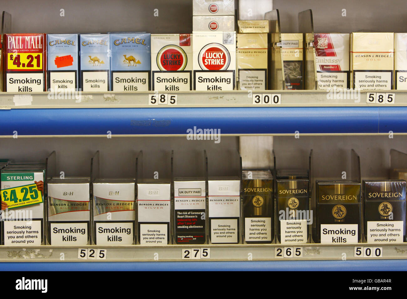 Cigarettes on sale at a newsagents in Portsmouth. Health Secretary Alan Johnson today unveiled plans to force cigarette sales 'under the counter' in a bid to cut smoking by children. Stock Photo
