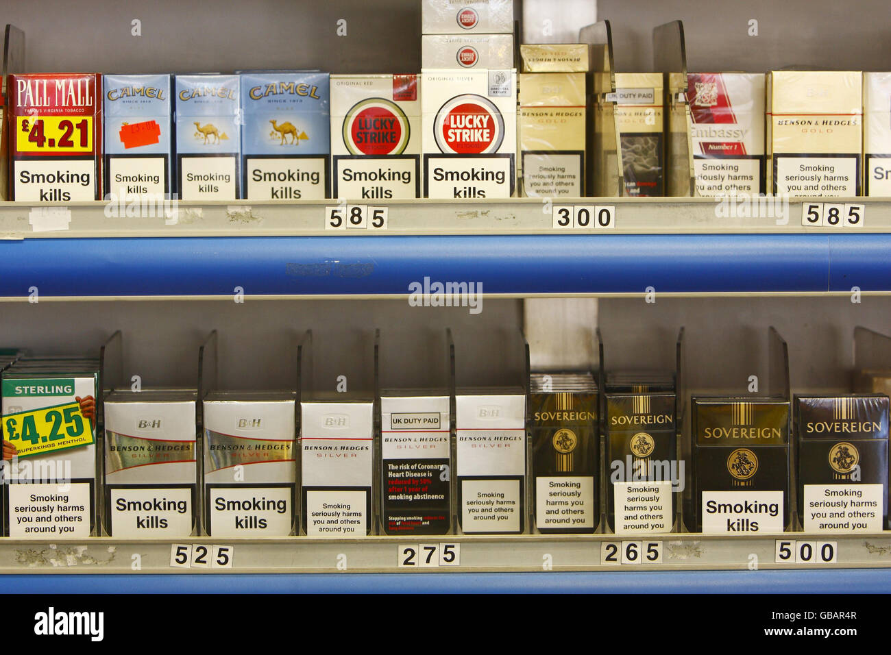 Cigarettes on sale at a newsagents in Portsmouth. Health Secretary Alan  Johnson today unveiled plans to force cigarette sales 