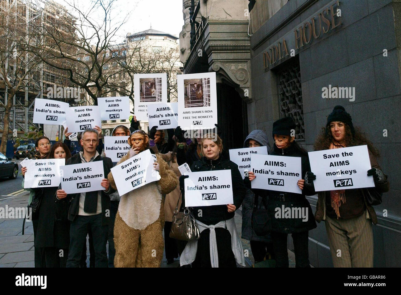 PETA protest outside Indian High Commission. PETA protesters gather outside the Indian High Commission in London. Stock Photo