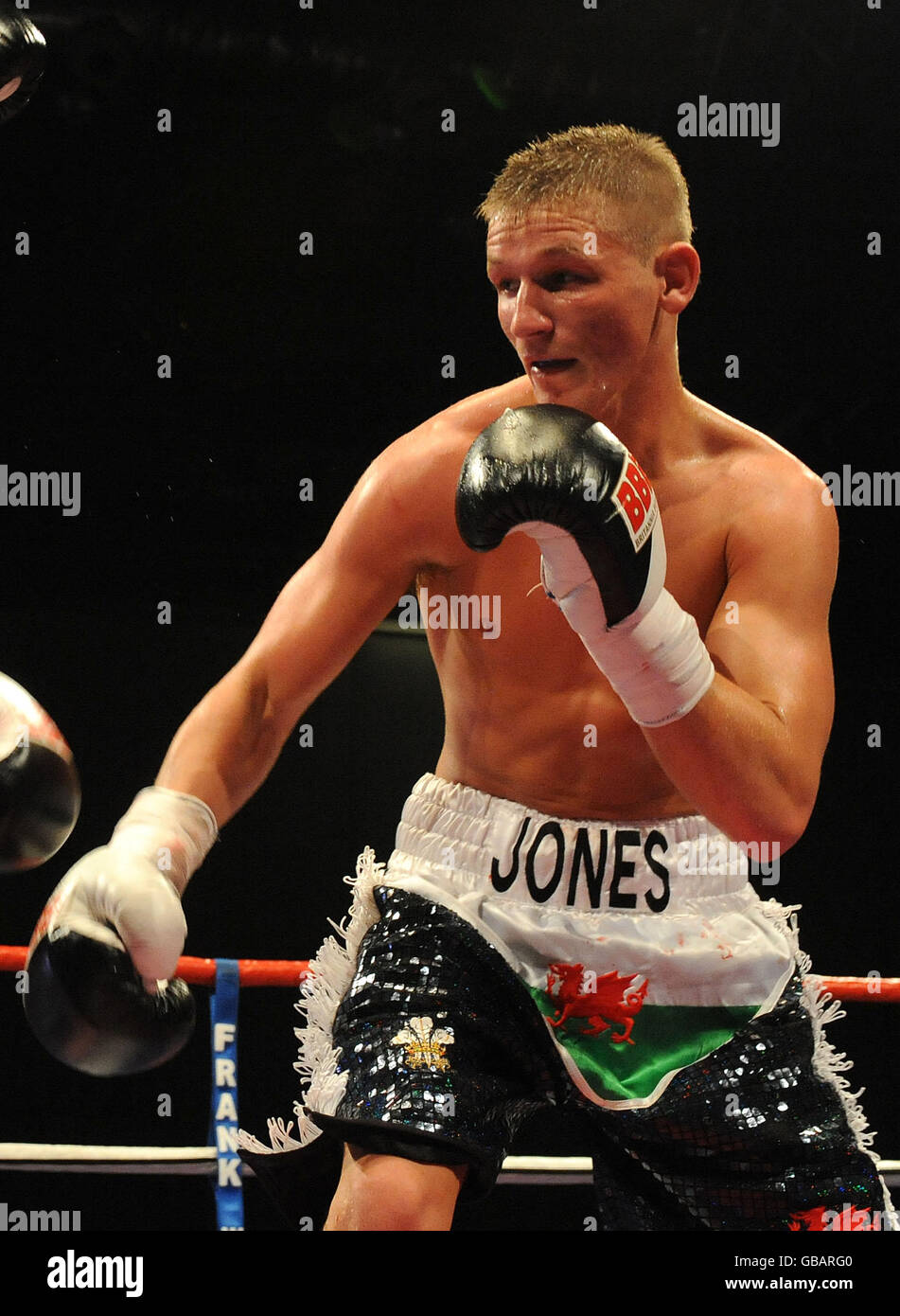 Rhonnda's Barrie Jones against Parisian Light Welterweight Souleymane M'Baye (unseen) at the London ExCeL Arena. Stock Photo