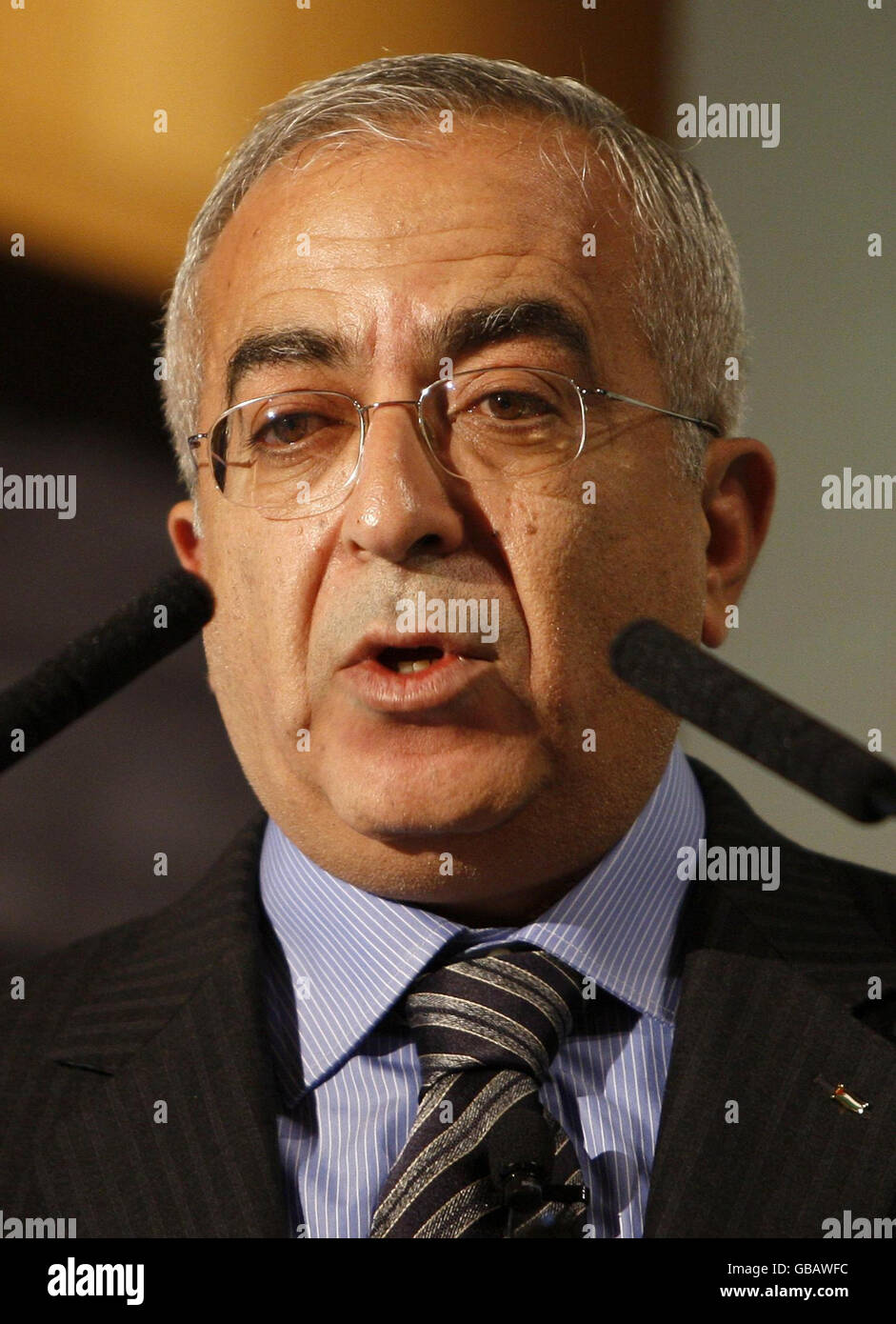 Palestinian Prime Minister Salam Fayyad gives a speech at the Palestinian Investment Conference in London. Stock Photo