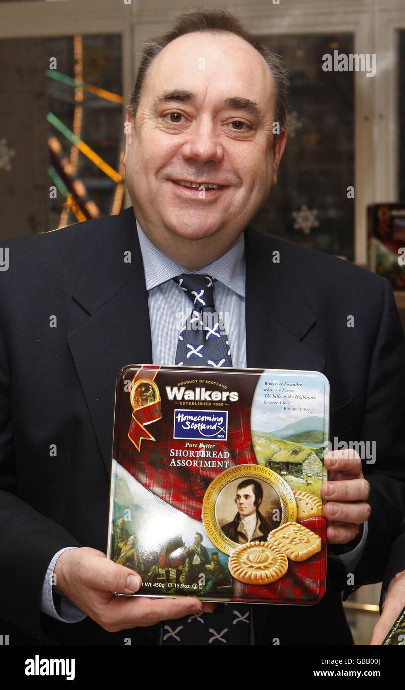 Scottish First Minister Alex Salmond during the launch of a limited edition Walkers shortbread to promote Homecoming 2009 at Valvona & Crolla in Jenners department store in Edinburgh. Stock Photo