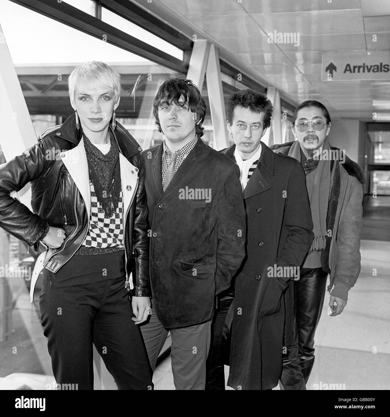 The Tourists, the British rock group at London's Heathrow Airport. (L-R) Annie Lennox, Peet Coombes, Jim Toomey and Eddie Chin. Stock Photo