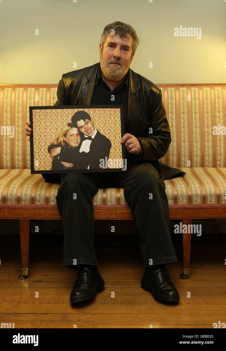 Jim Nash holds a picture of his son James, 19, during the launch of The Road Safety Authorities latest ad campaign: Crashed Lives. Farmleigh House in Dublin. Stock Photo