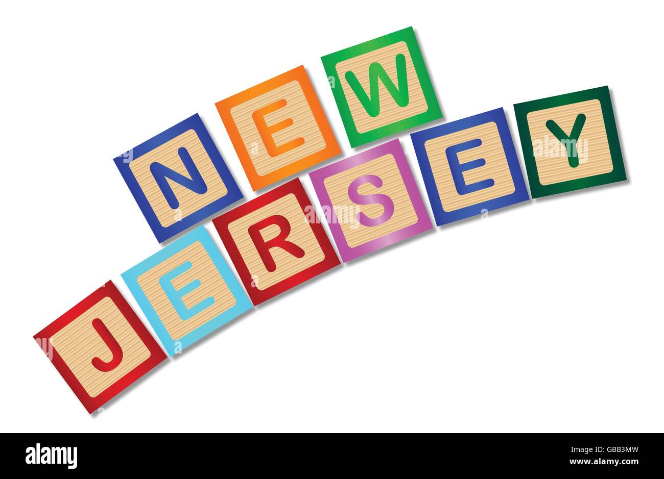 A collection of wooden block letters spelling New Jersey over a white