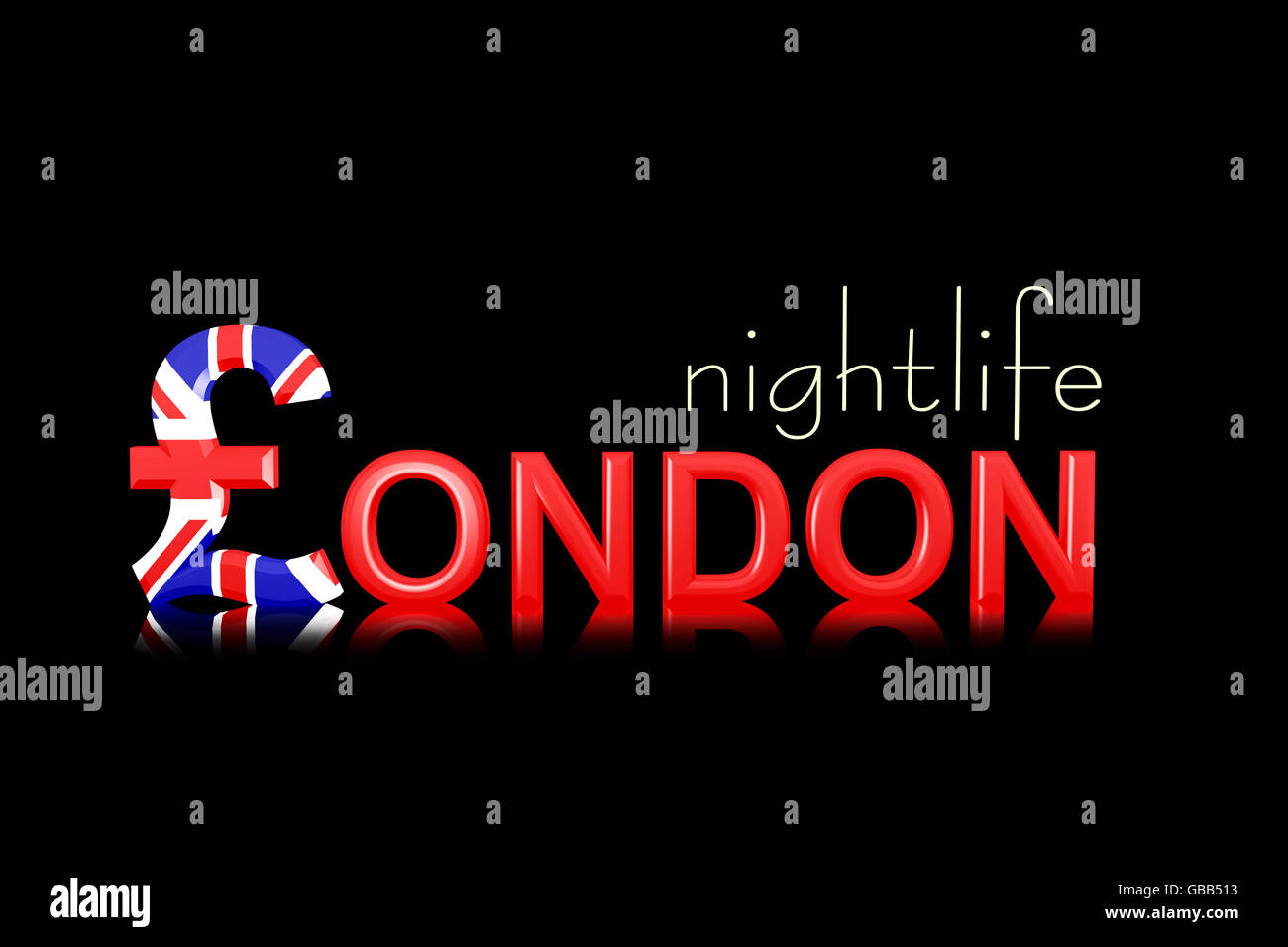 3d illustration Text London and nightlife with currency symbol Stock Photo