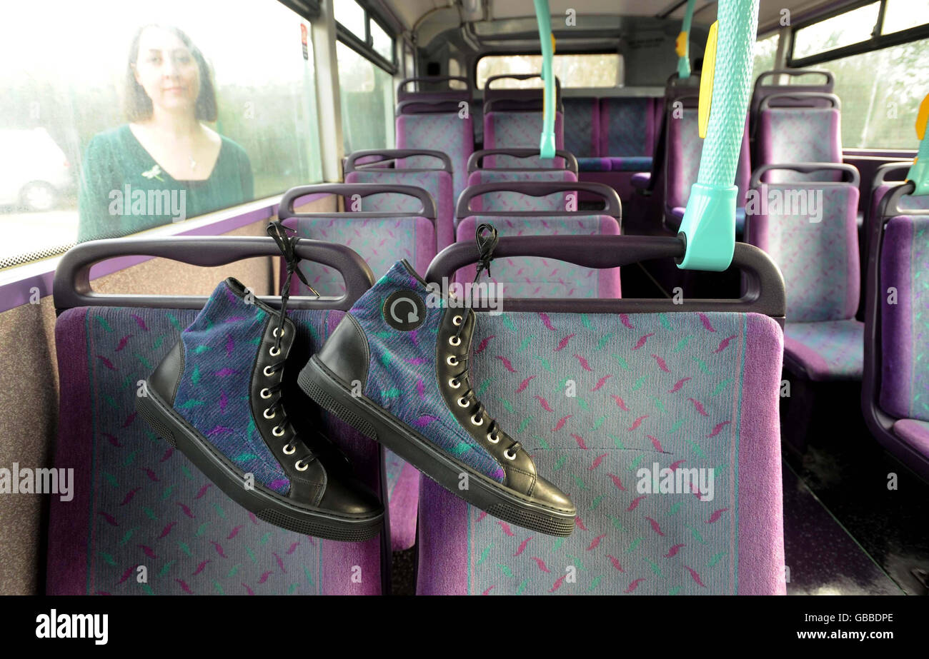 Trainers made from bus seat covers Stock Photo